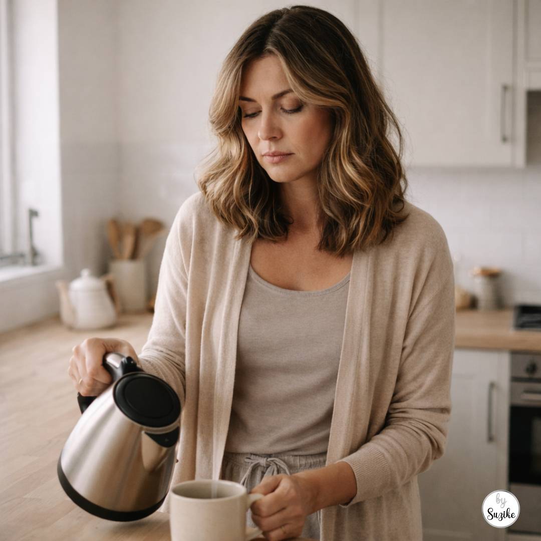 Burnout After 40: Woman in her 40s making tea in a bright neutral kitchen, looking down with subtle exhaustion