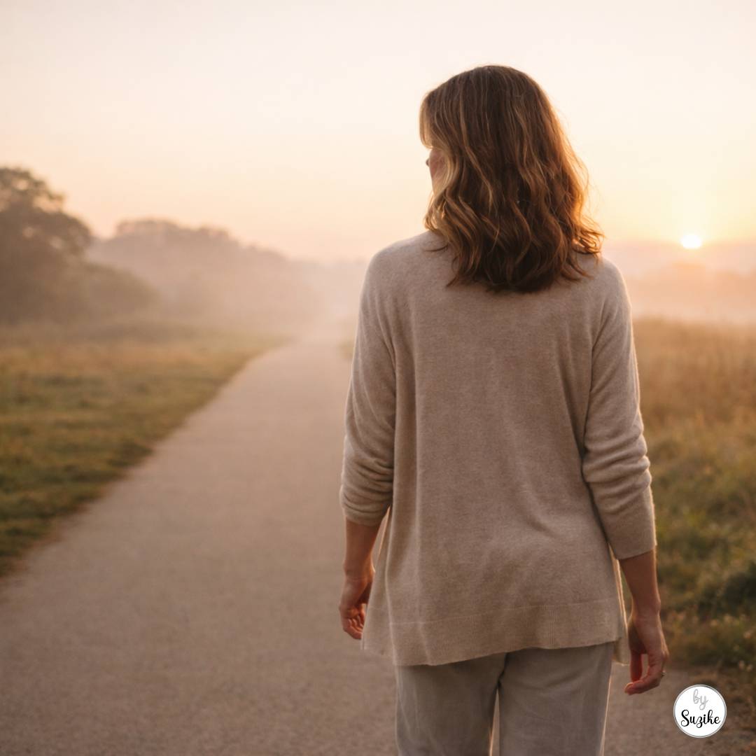 Burnout After 40: Woman in her 40s walking alone on a quiet path at sunrise in warm golden light