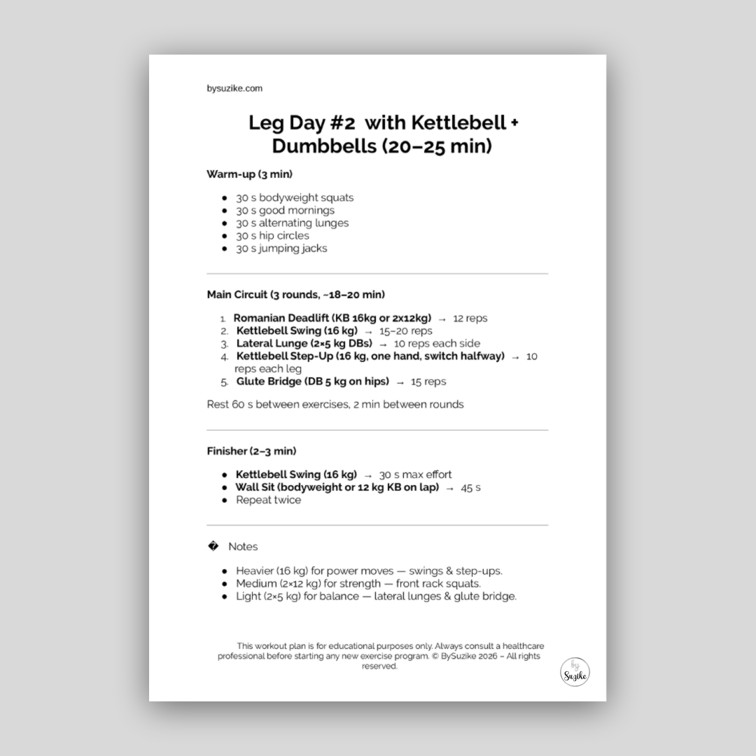 Preview of the Leg Day #2 workout plan printable PDF showing the full 20–25 minute kettlebell and dumbbells leg day session layout.