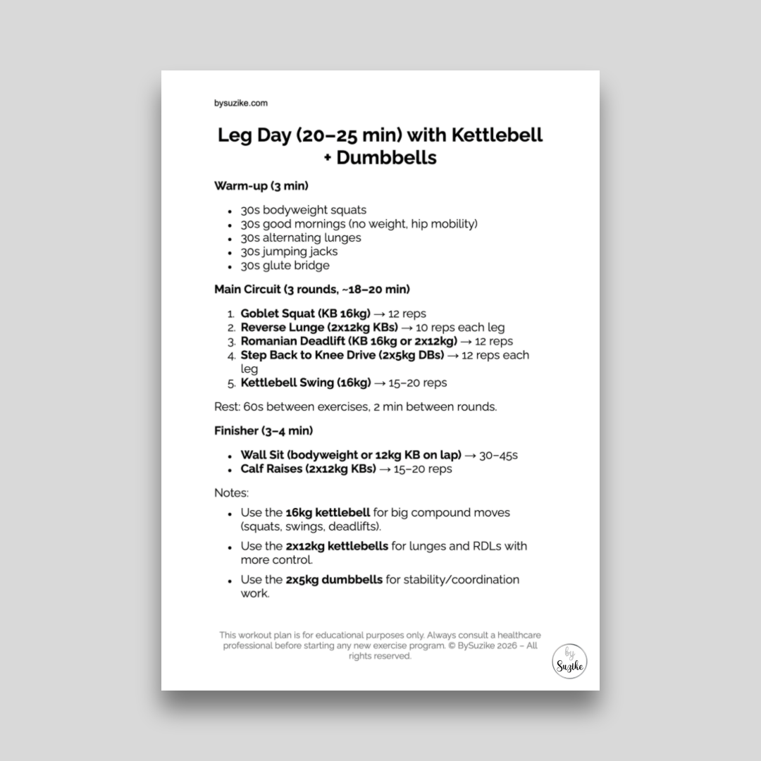 Preview of the leg day workout plan printable PDF with workout structure and weekly tracker.