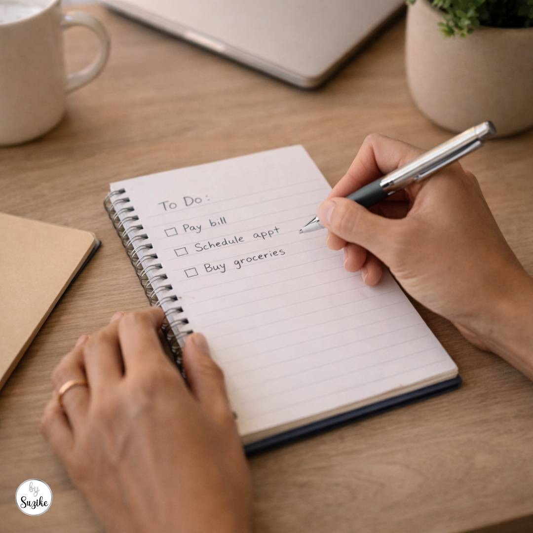 Close-up of a hand writing a simple to-do list in a notebook on a wooden table.