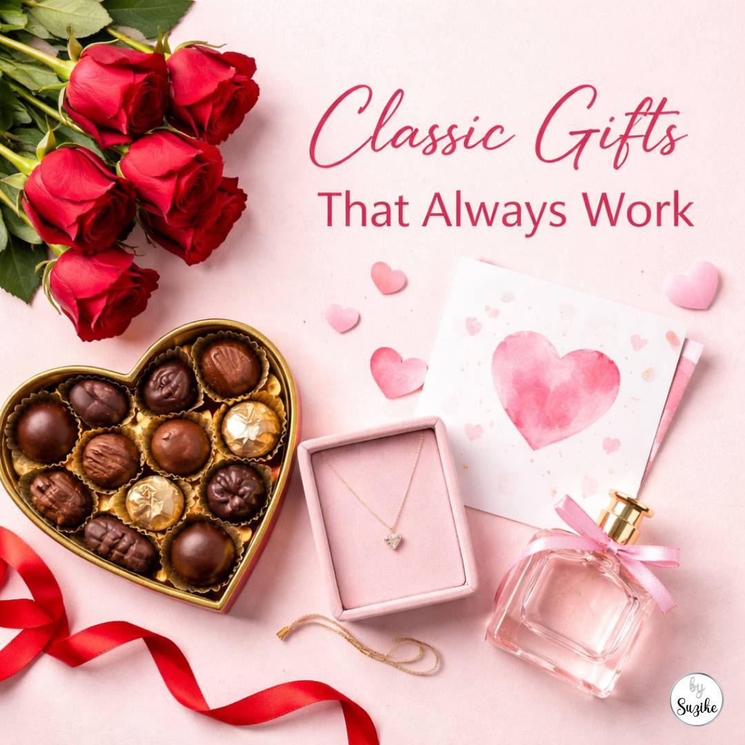 Flat lay of classic Valentine’s gifts: red roses, heart shaped chocolate box, jewellery in a gift box, perfume bottle, and a greeting card on a pink background.