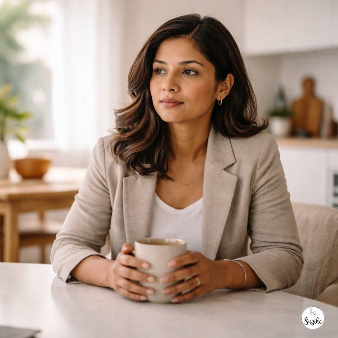 why women feel constant fatigue after 40: South Asian woman in her 40s sitting at a minimalist dining table holding a warm mug, looking subtly tired