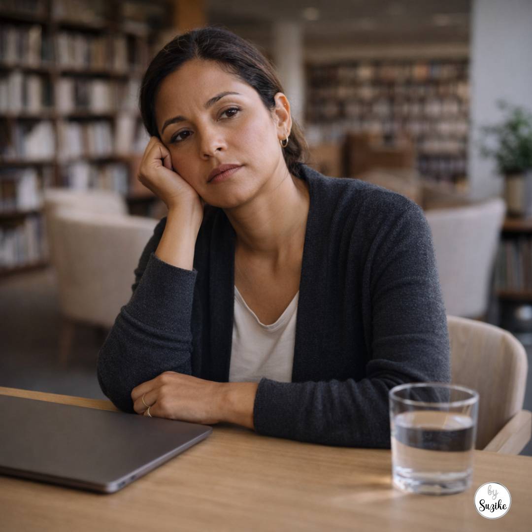 why women feel constant fatigue after 40: Woman in her 40s sitting in a quiet co-working lounge with a closed laptop and glass of water, looking drained