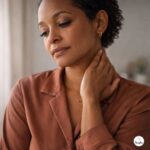 why women feel constant fatigue after 40: Woman in her 40s in a terracotta blouse resting her hand on her neck and collarbone in soft natural light