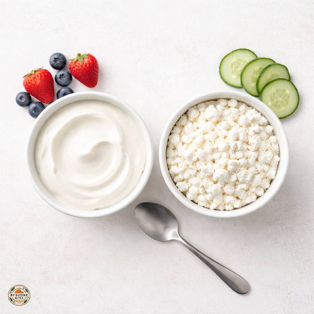 Cottage cheese vs greek yogurt for weight loss: Two bowls side by side showing plain Greek yogurt and cottage cheese on a clean background for a weight loss comparison.