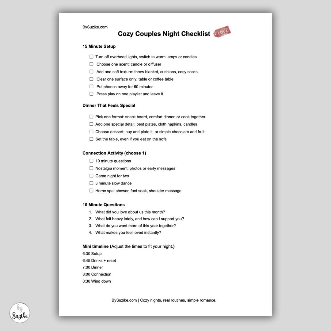 Free date night checklist printable PDF for couples with a 15 minute setup, dinner checklist, connection ideas, questions, and a mini timeline.