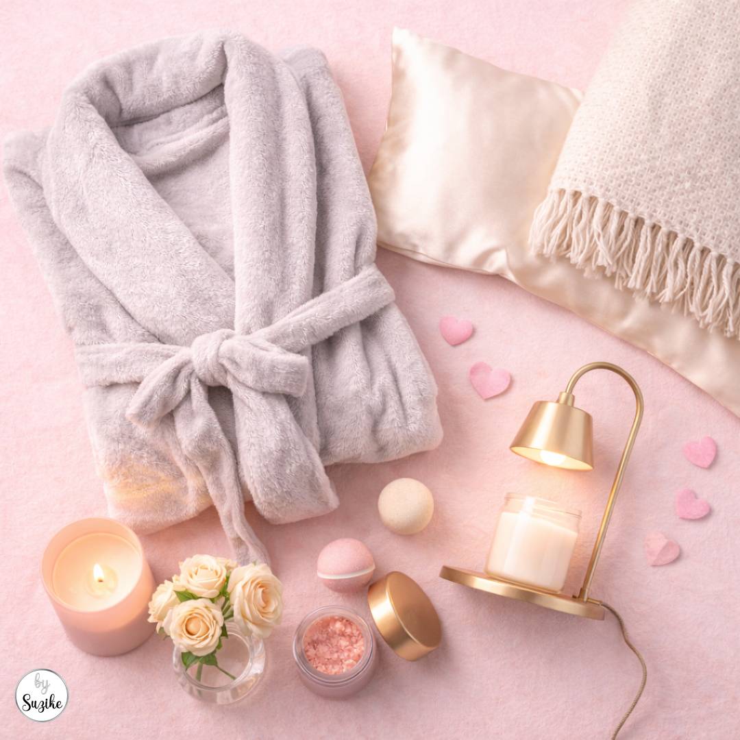 Flat lay of cozy self care Valentine’s gifts on a pink background, including a soft robe, satin pillowcase, candle, bath bombs, bath salts, and a candle warmer lamp.