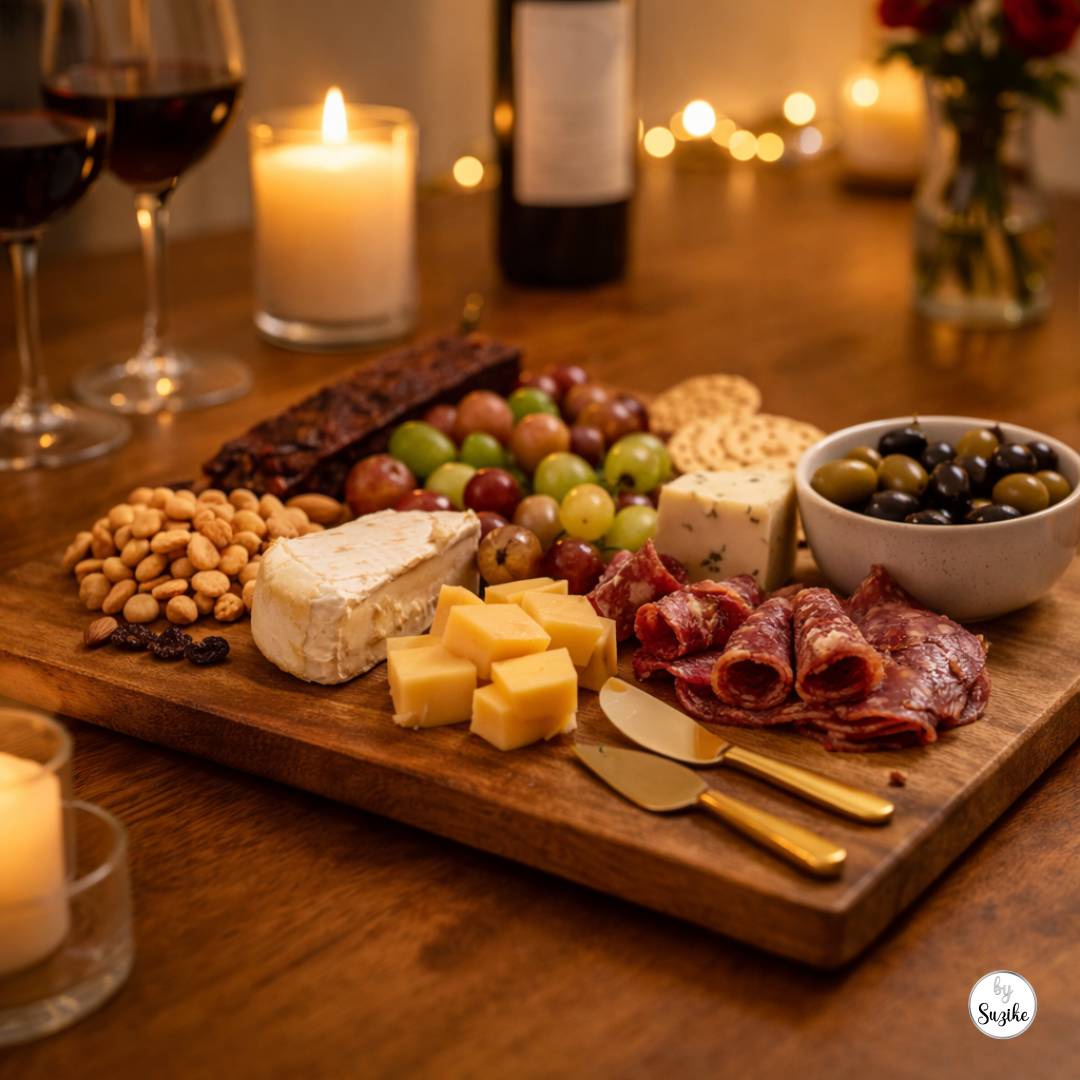 Charcuterie board with cheese, grapes, olives, crackers, and candlelight on a wooden table for a cozy at home date night.