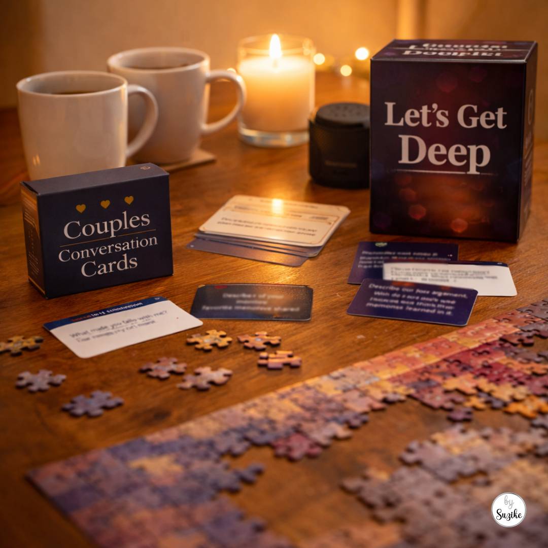 Cozy couples activity setup with conversation cards, a puzzle in progress, mugs, and candlelight for a romantic night in.