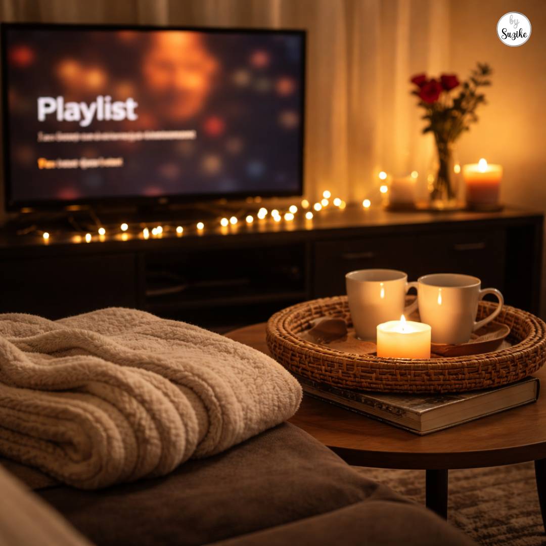 Cozy living room corner with a folded blanket, candles, fairy lights, and a playlist on a TV in the background.