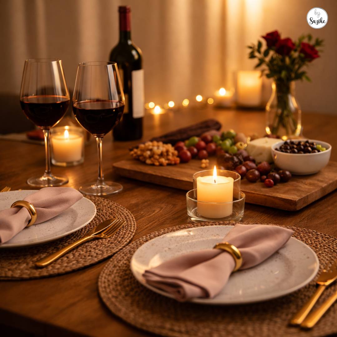 Simple romantic table setting for two with plates, napkins, candlelight, and a wooden board for a cozy Valentine’s night in.