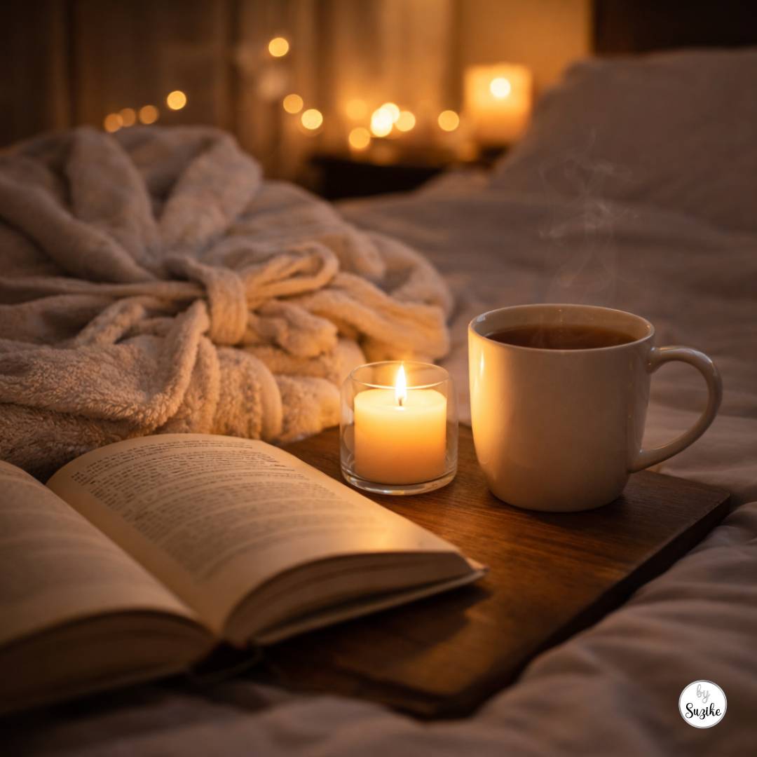 Calm wind down scene with tea, a candle, a soft robe, and an open book in low warm light.