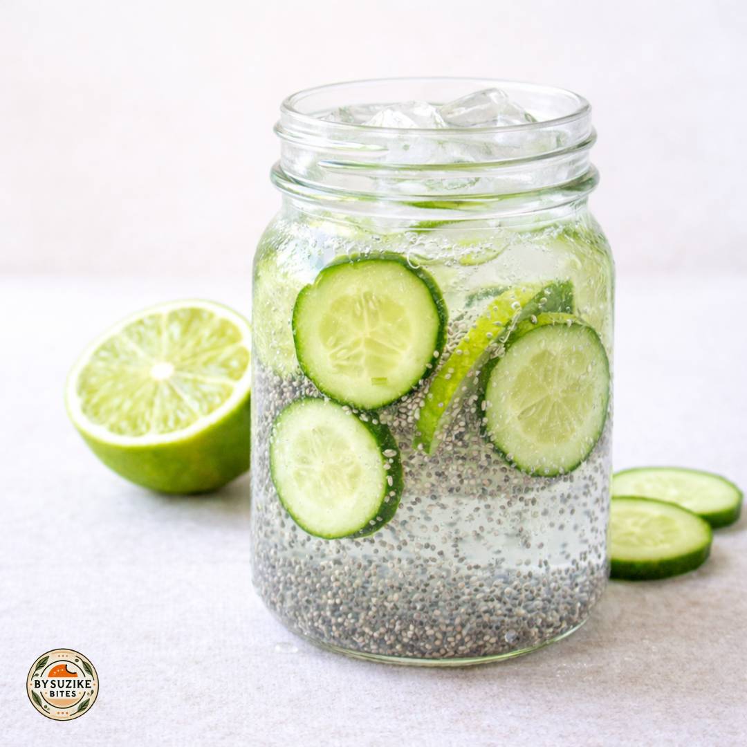 Cucumber lime chia water in a glass jar with ice for weight loss and digestion