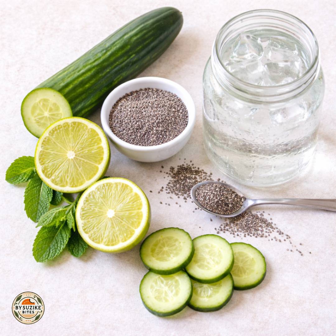 Ingredients for cucumber lime chia water recipe with cucumber lime and chia seeds