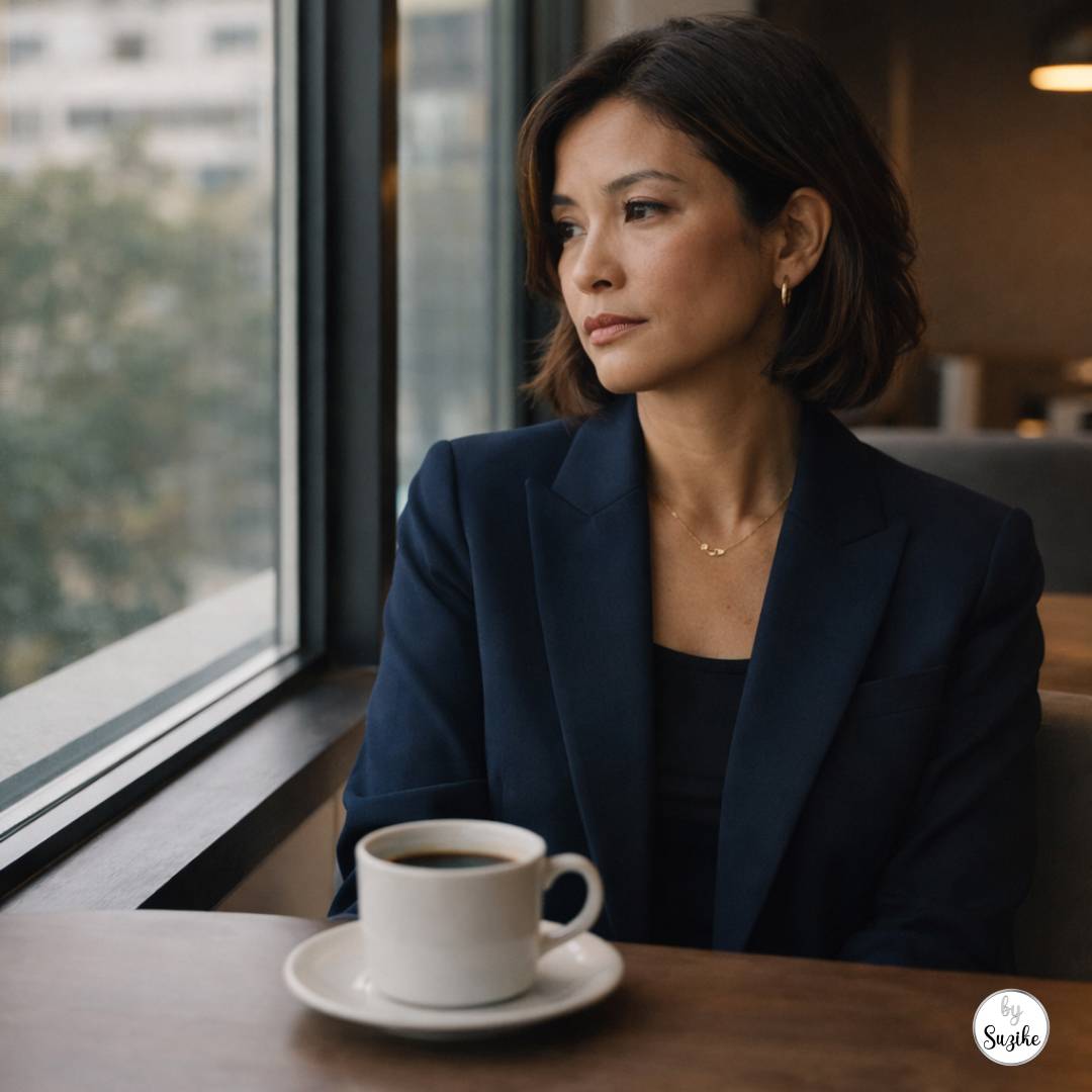 emotionally drained in your 40s: Asian woman in her 40s sitting alone in a quiet café by a window with an untouched coffee, looking distant