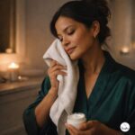 emotionally drained in your 40s: Woman in her 40s in an emerald satin robe doing an evening self care reset with a warm towel and moisturizer