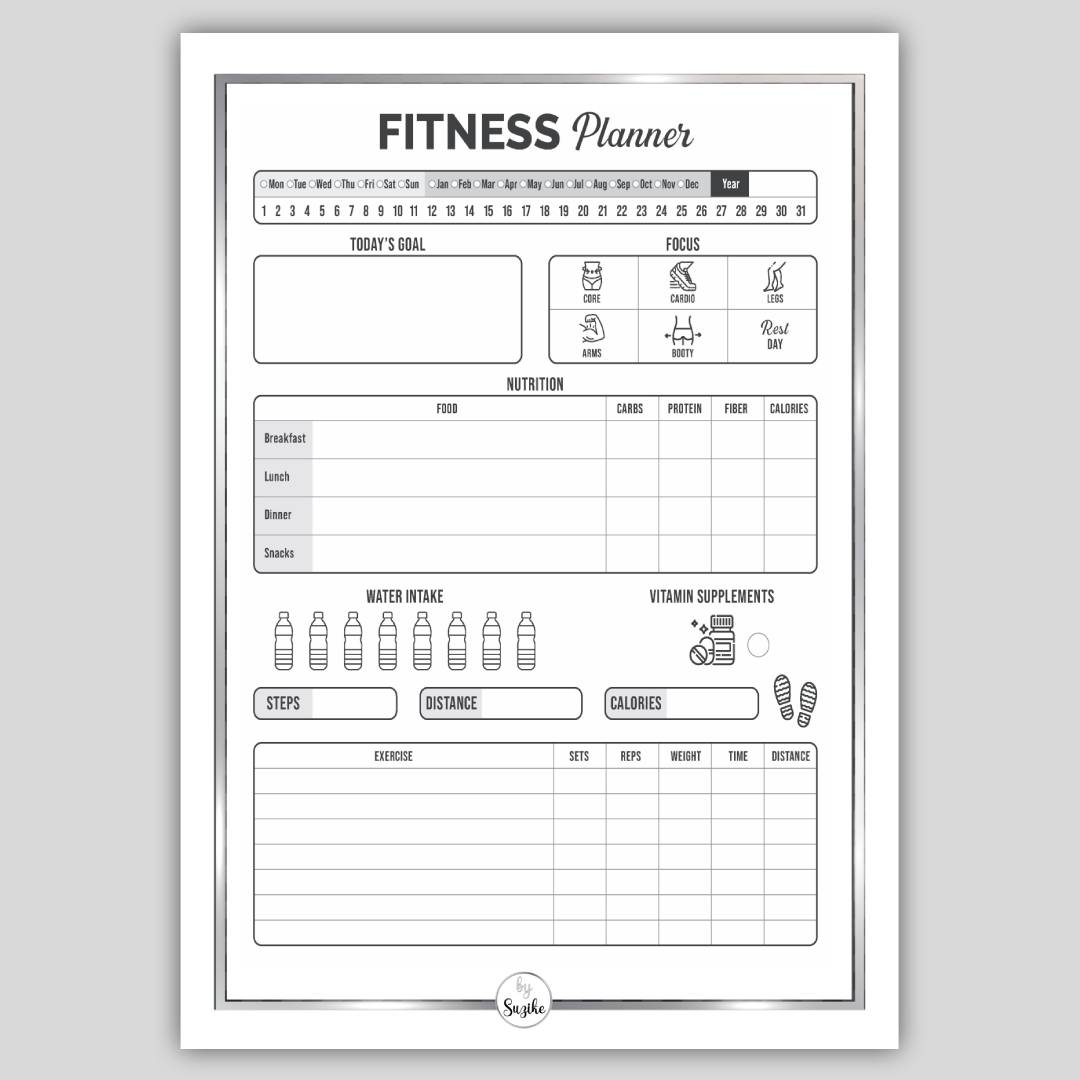 Daily fitness planner printable page with goal, focus icons, nutrition macros, water intake and workout log