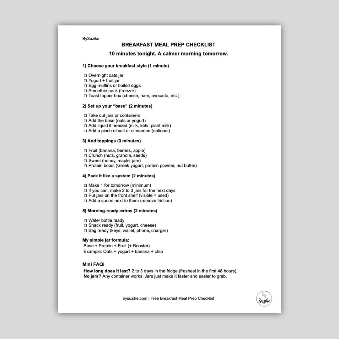 Preview image of the Free Breakfast Meal Prep Checklist PDF, showing the 10-minute step-by-step breakfast prep routine with checkboxes and the bysuzike.com footer.