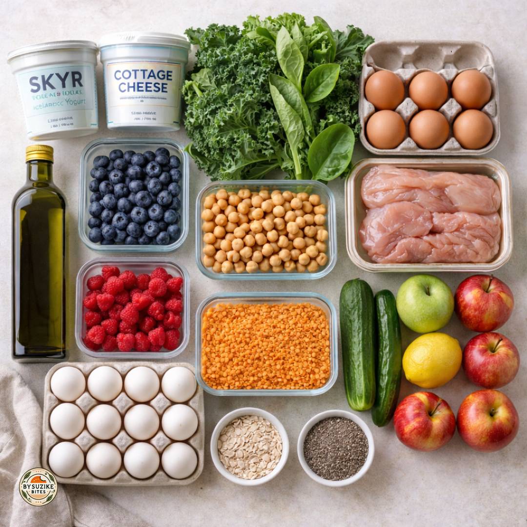 high-protein-high-fiber-grocery-list-meal-prep-ingredients-1080×1080 Healthy grocery list for high protein high fiber meals with eggs, chicken, berries, greens, lentils, oats, and chia