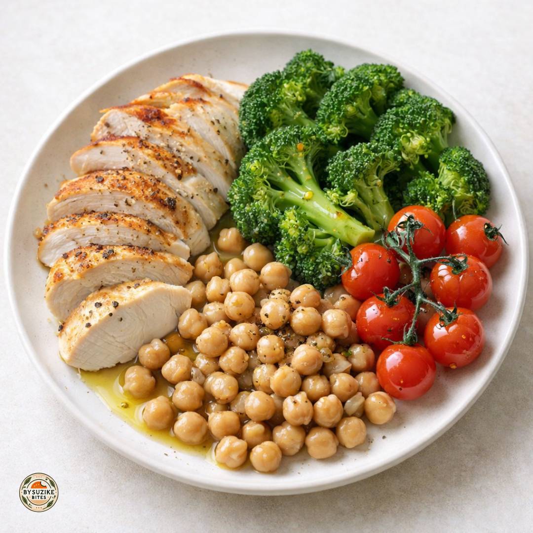 High protein high fiber meal with chicken, chickpeas, broccoli, and cherry tomatoes drizzled with olive oil