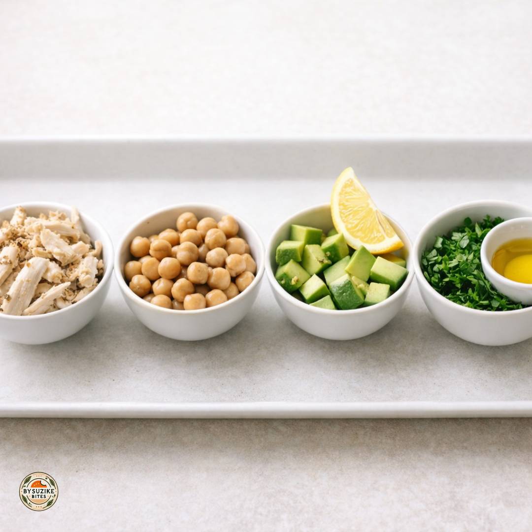 high-protein-high-fiber-meal-formula-protein-fiber-fat-flavor-1080×1080 Four bowl meal formula showing protein, fiber, healthy fat, and flavor boosters