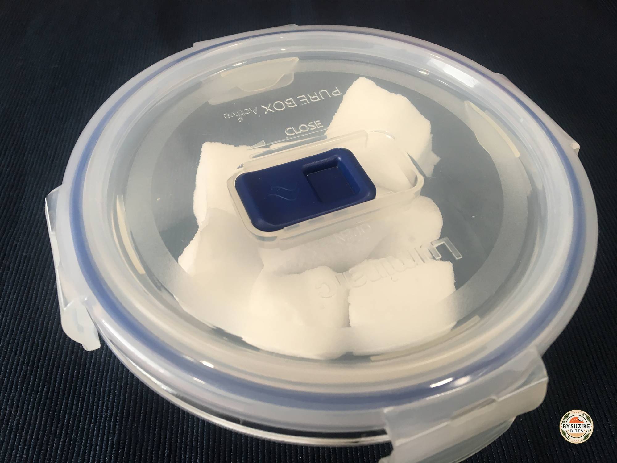 Keto marshmallows stored in an airtight container in the fridge.