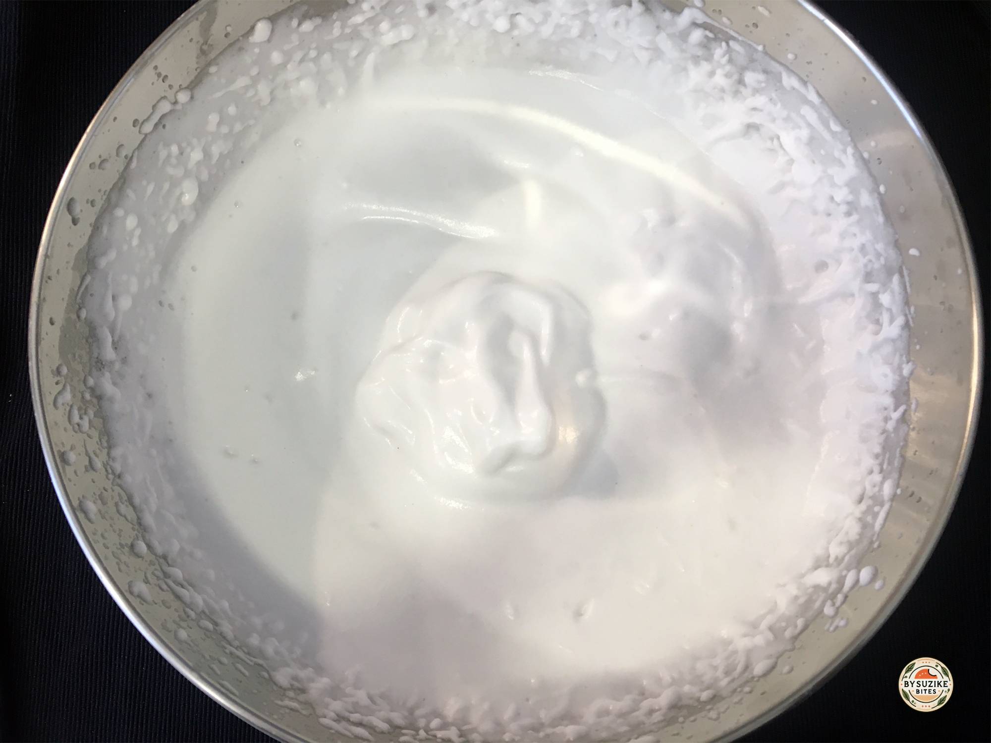 Fluffy whipped keto marshmallow mixture after mixing for 12 minutes.