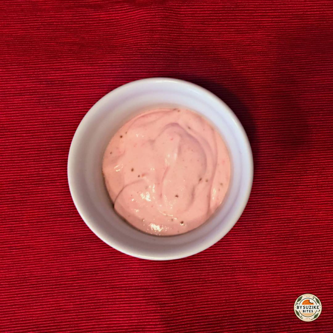 Keto strawberry mousse in a white bowl, top view, creamy 3-ingredient dessert