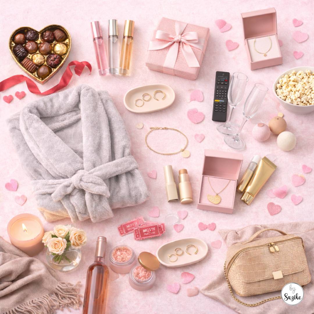 Flat lay collage of last minute Valentine’s gifts for her on a pink background, including chocolates, travel perfume sprays, a cozy robe, candle, bath bombs, rosé bottle, champagne glasses, jewellery, skincare items, a remote control, popcorn, and a neutral crossbody bag.