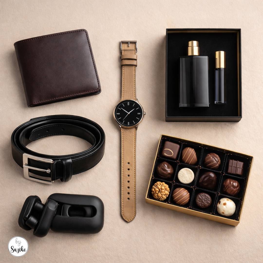 Flat lay of classic Valentine’s gifts for him on a beige background, including a leather wallet, black belt, watch strap with a watch, fragrance set, and a box of chocolates.