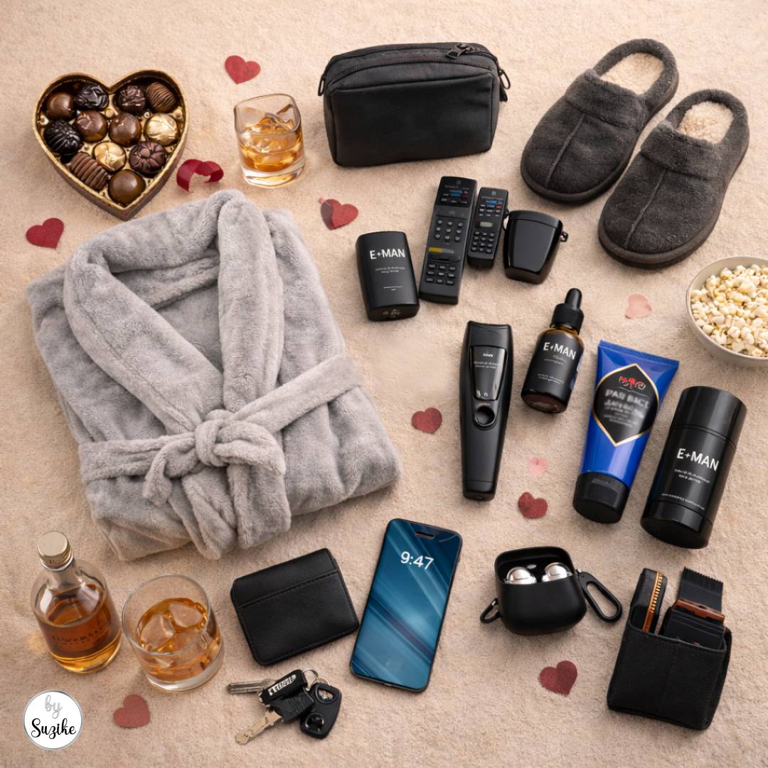 Flat lay collage of last minute Valentine’s gifts for him on a beige background, including chocolates, a grooming kit, beard oil, fragrance, a toiletry bag, a wallet, earbuds, a smartphone, cozy slippers, popcorn, a TV remote, and a whiskey glass.