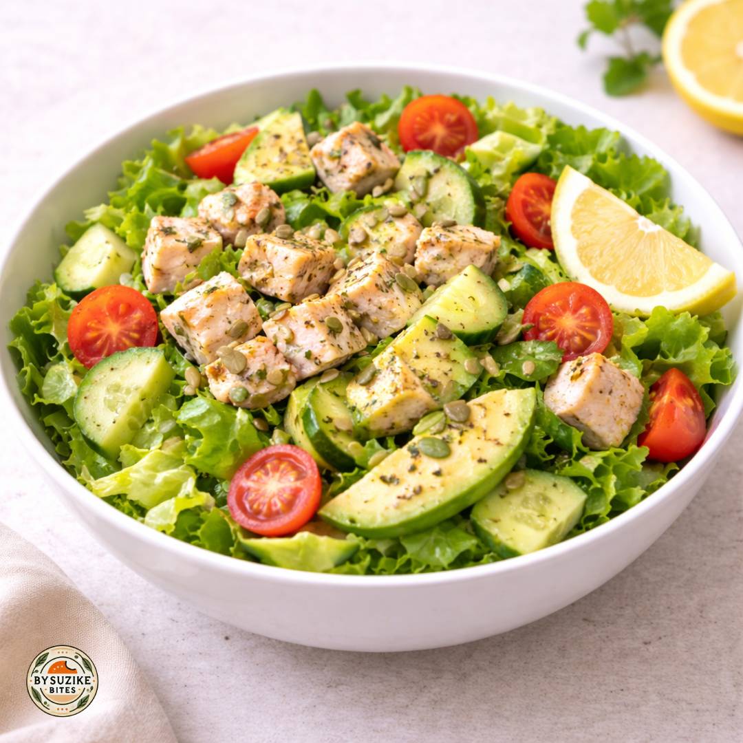 Lemon herb chicken salad with cucumber and avocado in a bowl