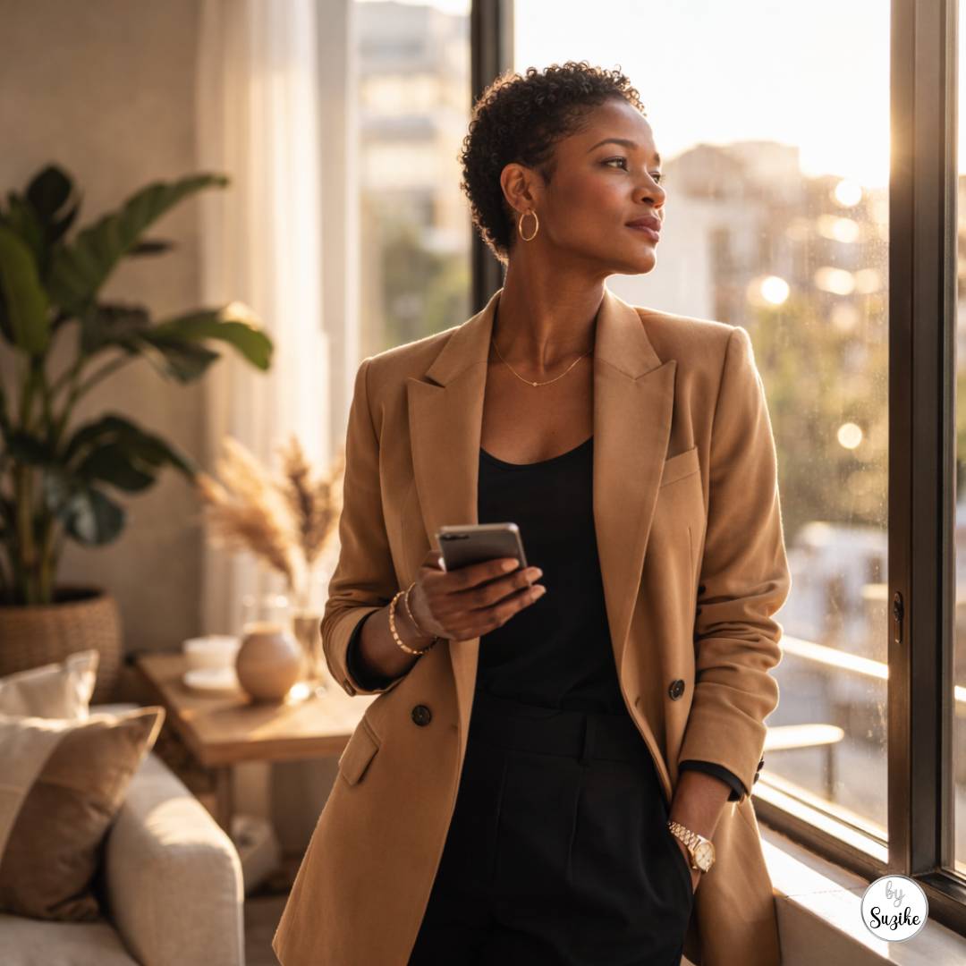 Losing Your Identity After 40: Woman in her 40s in a camel blazer standing by a window holding a phone, looking out thoughtfully