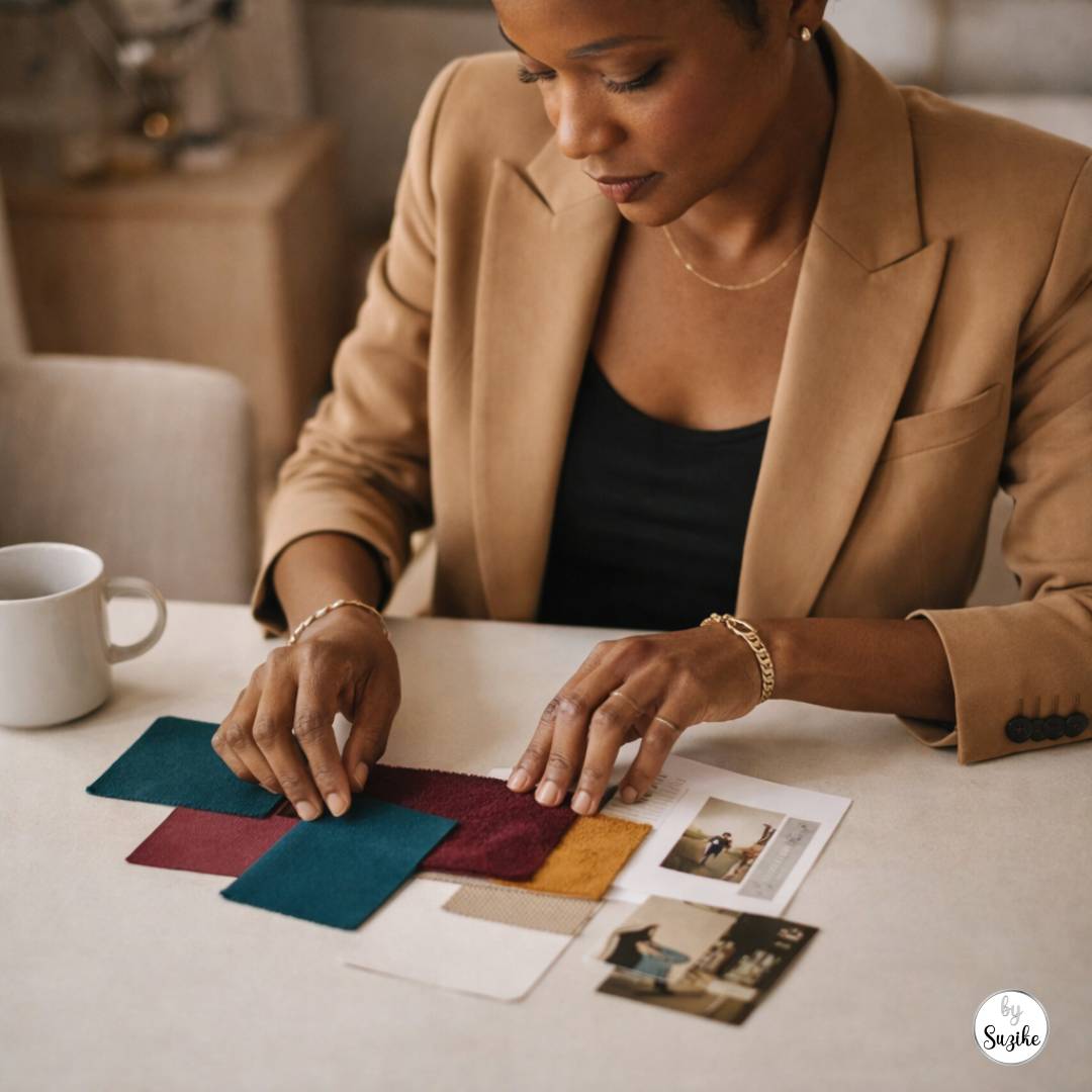 Losing Your Identity After 40: Woman in her 40s in a camel blazer arranging fabric swatches and photos on a mood board at a clean table