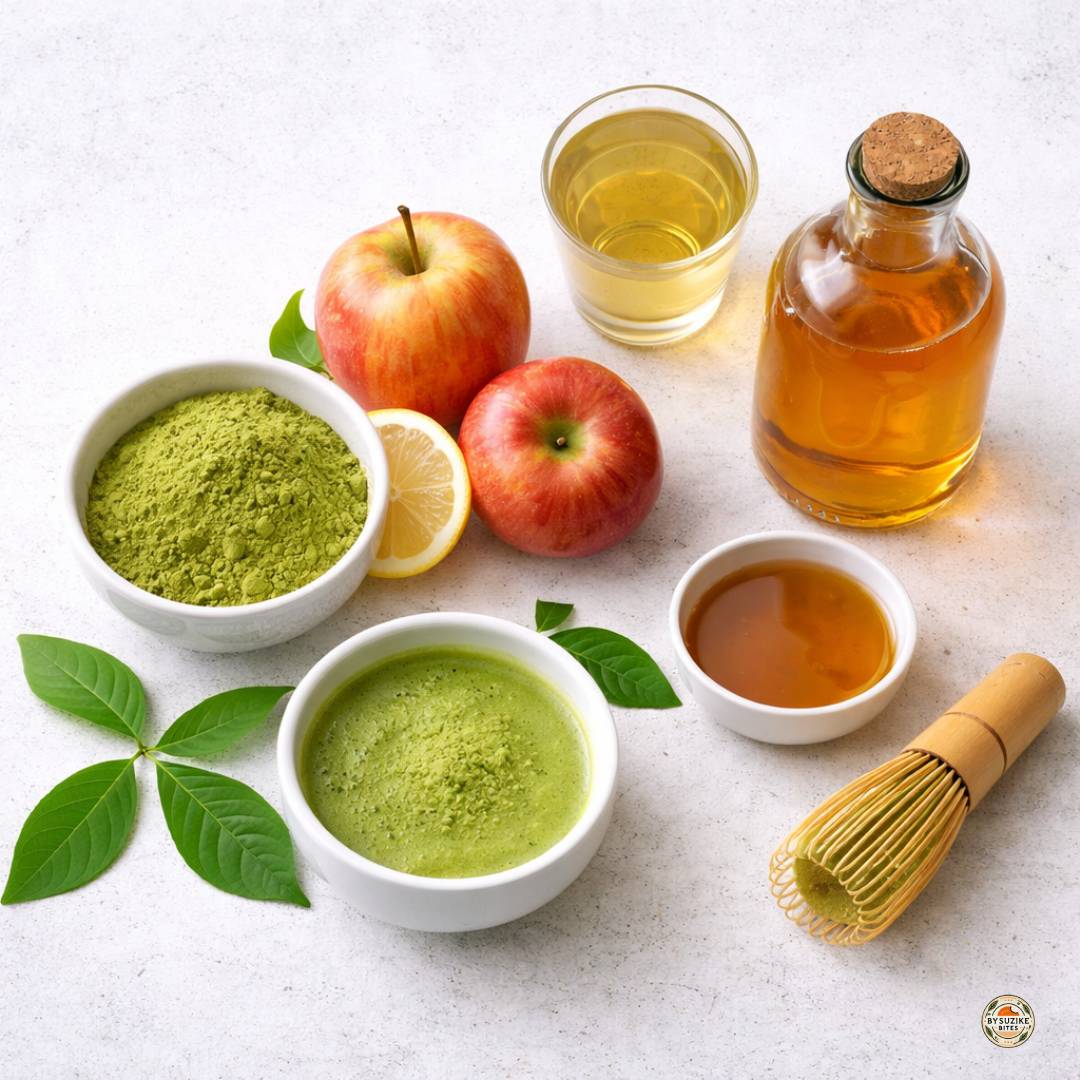 Matcha vs apple cider vinegar for weight loss ingredients on a white background.