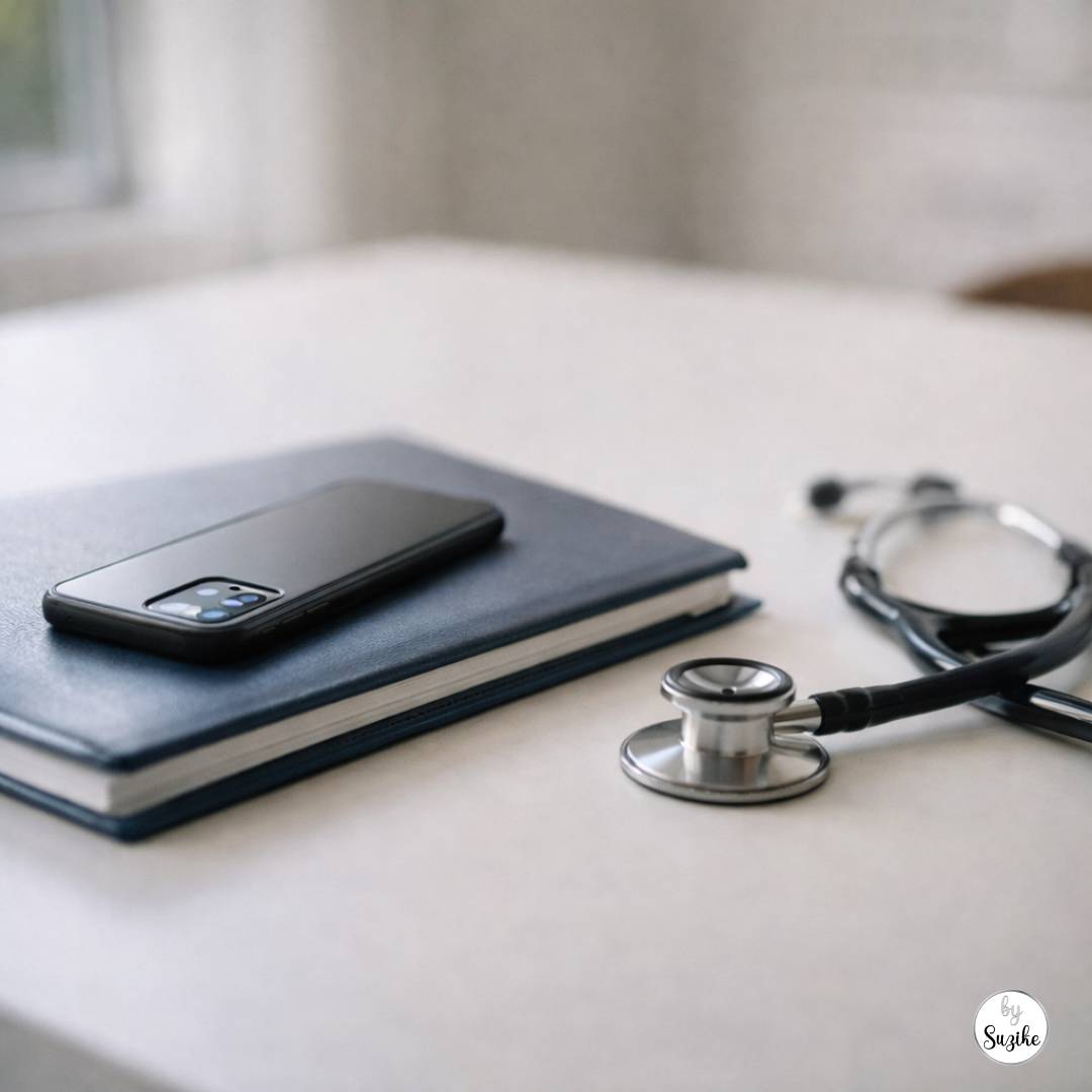 online misinformation and contraception: Smartphone on top of a medical folder beside a stethoscope on a clean desk in soft natural light