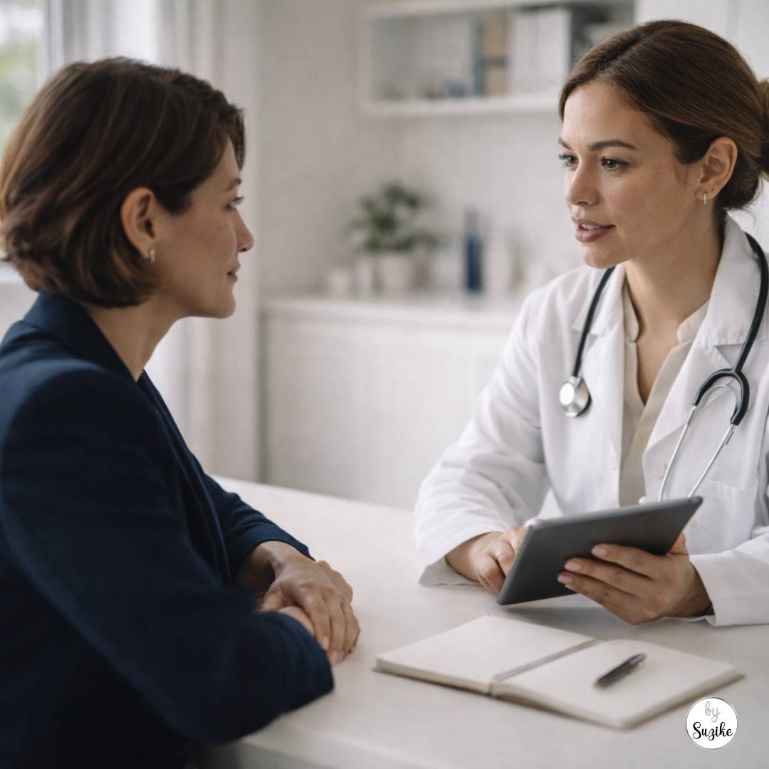 online misinformation and contraception: Woman in her 40s speaking with a female doctor in a modern clinic setting, discussing health decisions calmly