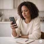 online misinformation and contraception: Woman in her 30s or 40s sitting at a kitchen table reading information on her phone with a concerned expression