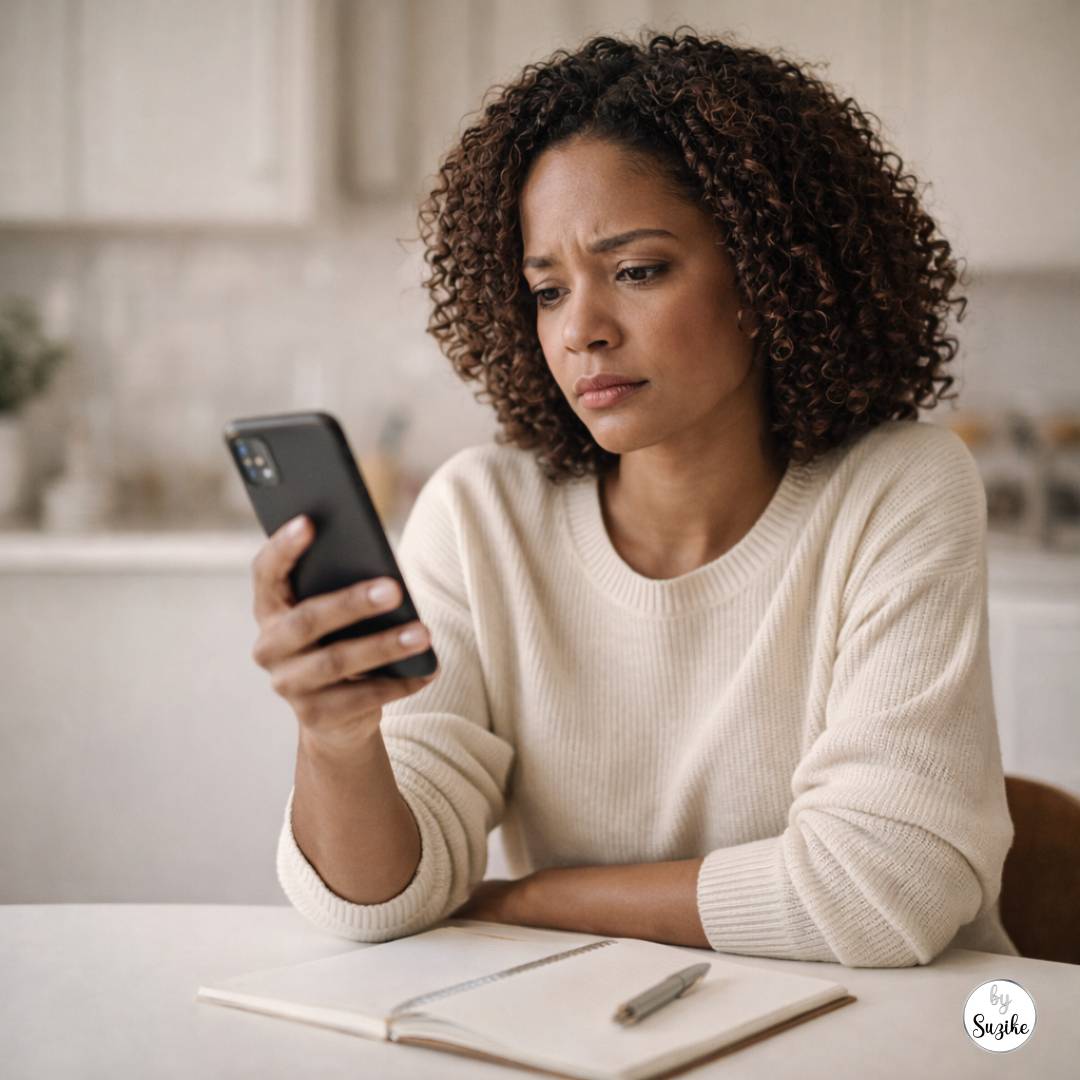 online misinformation and contraception: Woman in her 30s or 40s sitting at a kitchen table reading information on her phone with a concerned expression