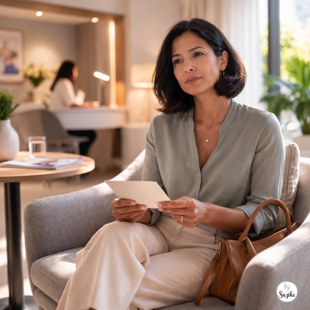 why women experience pain during sex: Woman in her 40s sitting in a modern women’s health clinic waiting room holding an appointment envelope