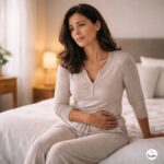 why women experience pain during sex: Woman in her 40s sitting on the edge of a bed in soft morning light with a hand resting on her lower abdomen