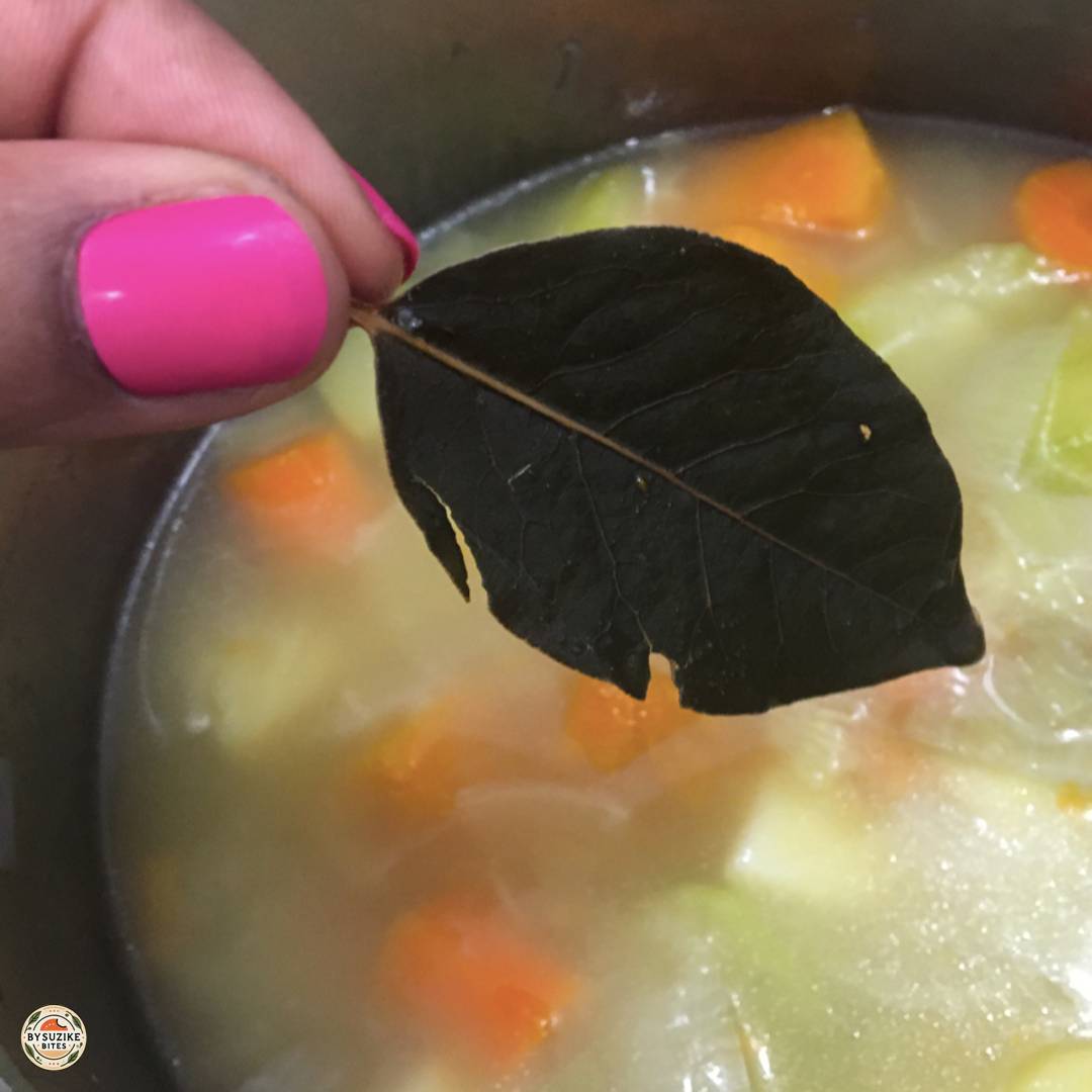 Removing the bay leaf before blending creamy vegetable soup