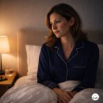 sleep problems in women over 40: Woman in her 40s sitting awake in bed at night in navy silk pajamas with soft lamp light
