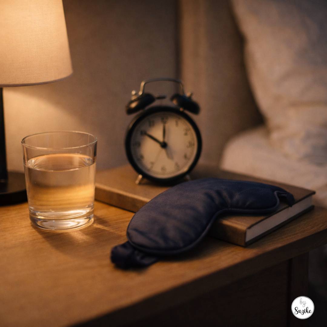 sleep problems in women over 40: Bedside table at night with a glass of water, analog alarm clock, sleep mask, and a closed book in warm lamp light