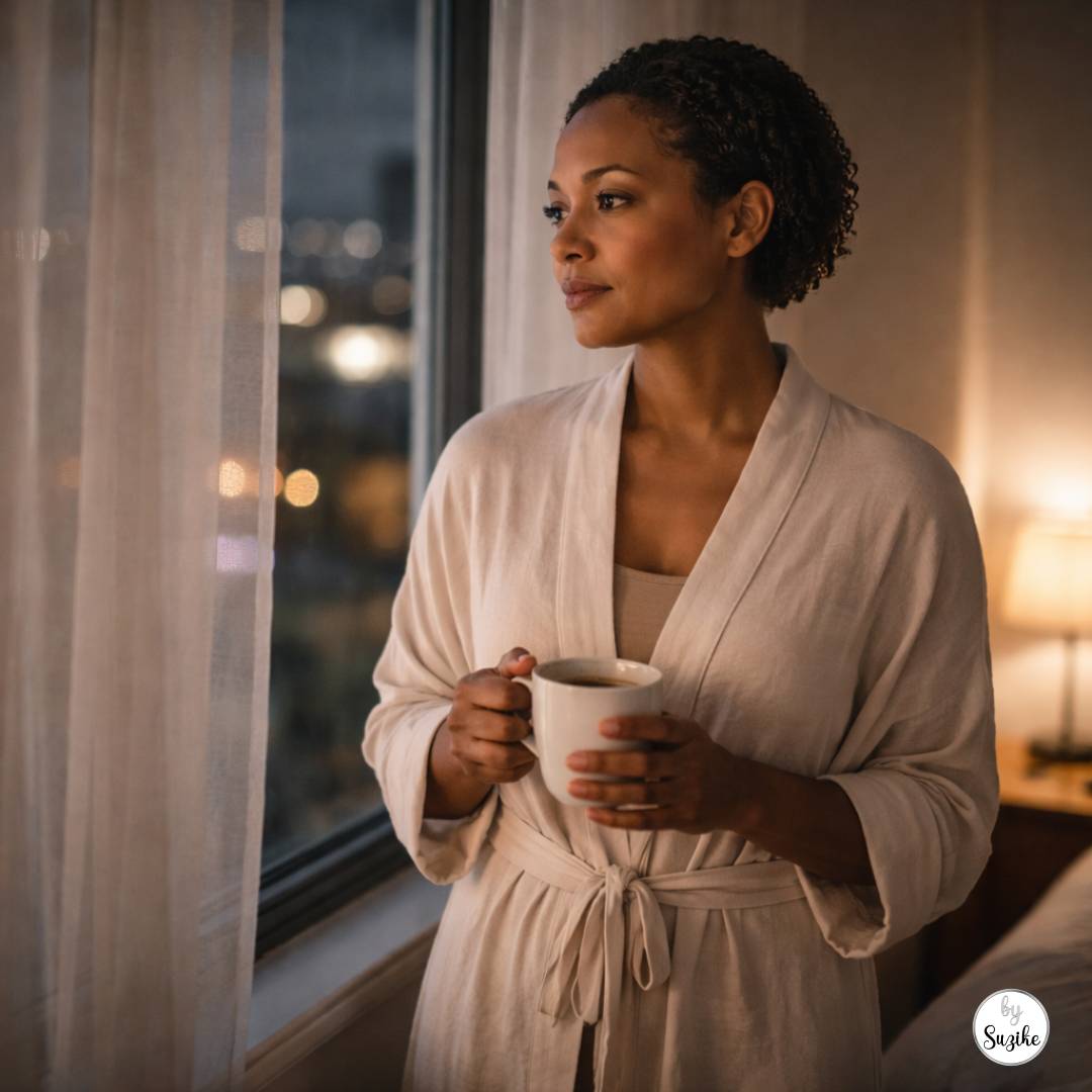 sleep problems in women over 40: Woman in her 40s standing by a bedroom window at night holding a mug of tea with blurred city lights outside