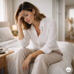 starting the day feels heavy for women: Woman in her 40s sitting on the edge of a bed in soft morning light, looking overwhelmed and tired