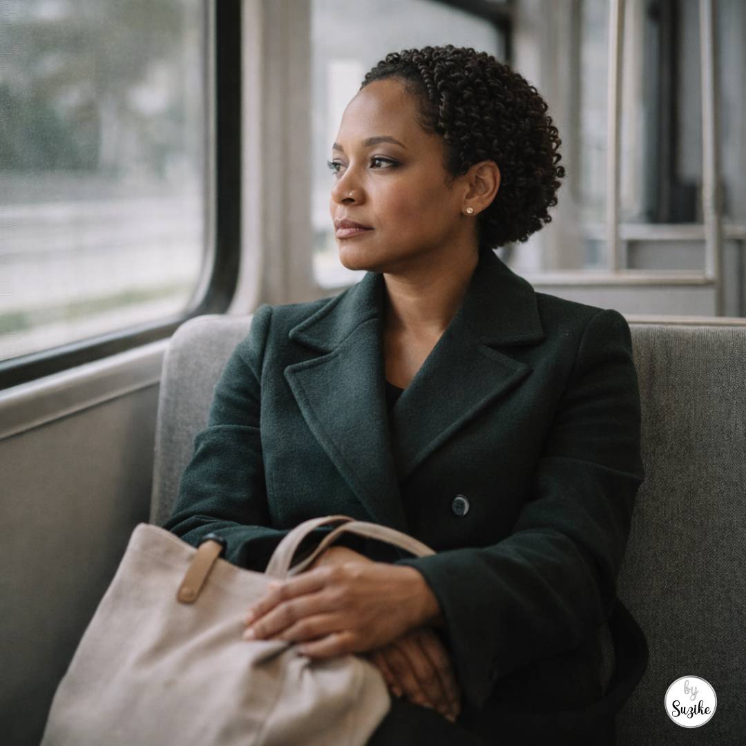 starting the day feels heavy for women: Woman in her 40s sitting alone on a train in a dark green coat, looking out the window with a distant expression