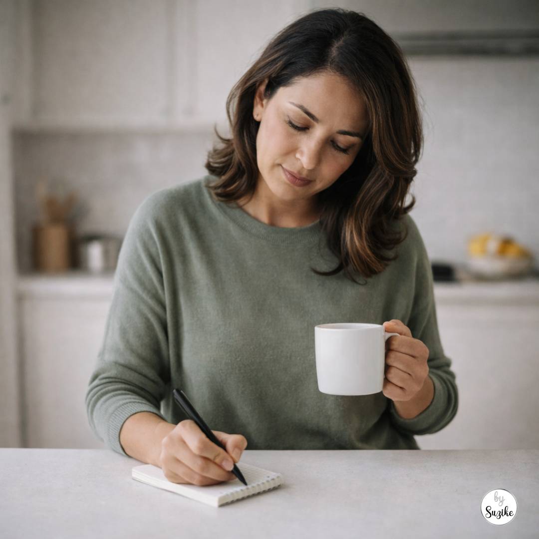 starting the day feels heavy for women: Woman in her 40s in a bright kitchen writing in a notepad while holding a mug, showing subtle mental load