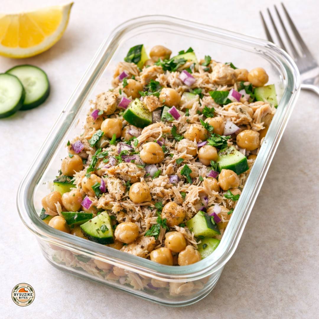 tuna-chickpea-salad-meal-prep-container-high-protein-high-fiber-1080×1080 Tuna chickpea salad in a glass meal prep container with cucumber, red onion, and herbs